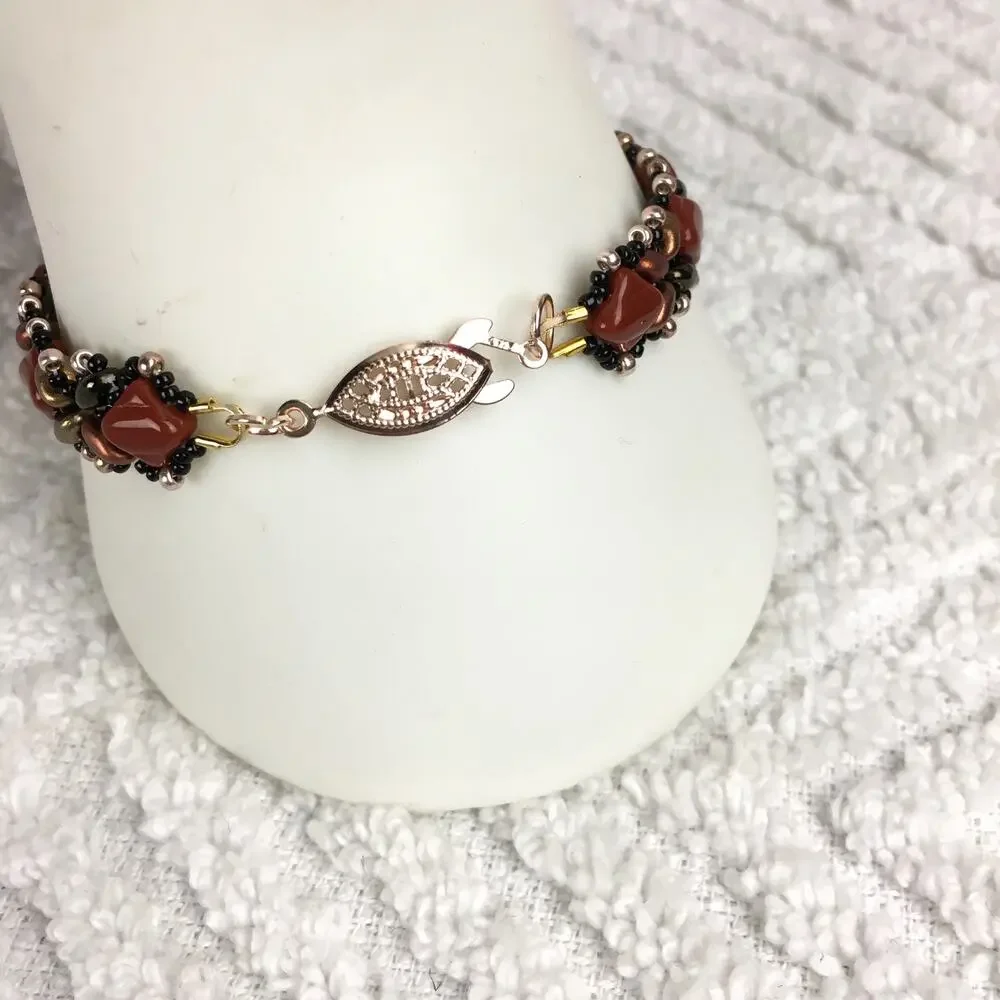 HANDMADE Rust, Gold & Brown Beadwoven Bracelet 7”
